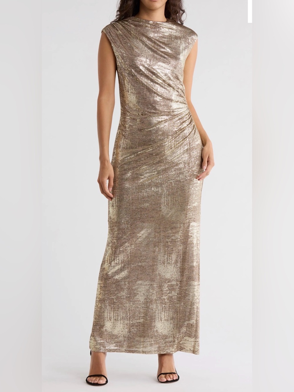 Connected Apparel Metallic Cowl Neck Sleeveless Gown Gold Maxi Dress